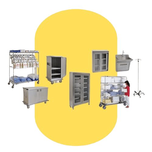 A collage of essential healthcare products against a yellow background showcases storage carts, shelving units, a medical sink, and an IV stand. A person carefully arranges folded linens on a wheeled cart.