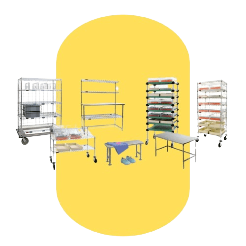 Various metal storage racks and tables from Eagle Group hold stacks of folded linens on a yellow background. These material handling products include wheeled units and a couple of blue towels placed gracefully on a bench.