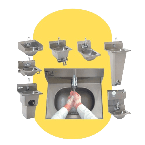 A collage of various small stainless steel sinks with faucets against a yellow background showcases the quality of healthcare products. In the center, a close-up captures hands being washed under running water in a sink, emphasizing hygiene and care.