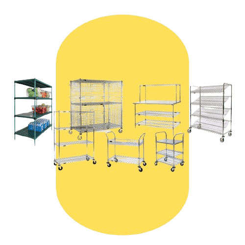 Various metal storage and utility carts are displayed on a yellow background. Designed for diverse storage needs, these material handling products come in different sizes with shelves and wheels, perfect for organizing any space efficiently.