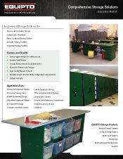 The brochure, Equipto Comprehensive Storage Solutions, showcases educational storage solutions. It visually integrates a lab featuring green storage cabinets and tables. The text underscores features and benefits for diverse educational applications, forming an essential part of any material handling literature collection.
