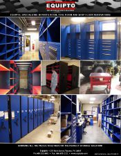 A collage of storage solutions featuring blue shelving units and tool cabinets, a red tool cart, and a workspace with a computer desk. The Equipto logo graces the top. Browse our Material Handling Literature for innovative ideas. Contact info and a storage solutions tagline are at the bottom.