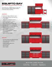 An advertisement showcasing Equipto Bays striking red tool storage systems, perfect for any Material Handling needs. Each features a central unit with drawers and side cabinets. Benefits are highlighted on the left, alongside our Literature Gallery. Company logo and contact details sit below.