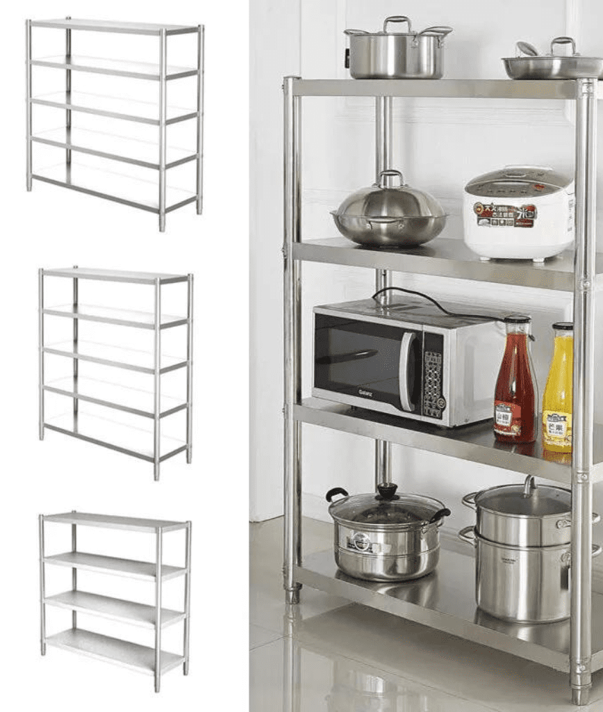 A collage of metal shelving units, with the largest one on the right featuring kitchen appliances and utensils. It includes pots, a rice cooker, microwave, and condiment bottles. The left side shows different sizes of empty shelving units.