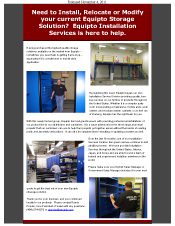 The Equipto Installation Services brochure showcases storage solutions like shelves and cabinets, emphasizing expert installation. In a vibrant literature gallery, images depict people working efficiently with blue storage units in a bustling warehouse setting.