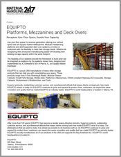 A promotional flyer titled Equipto Platforms, Mezzanines and Deck Overs, showcasing images of industrial platforms and a storage area. Discover how our solutions maximize space and double capacity. For more insights into material handling, explore our literature gallery. Contact us for details.