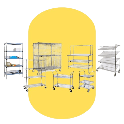 A variety of metal utility carts and shelving units, ideal for material handling products, are displayed against a yellow background. The items vary in size and design, featuring shelves, wheels, and some with wire mesh enclosures.