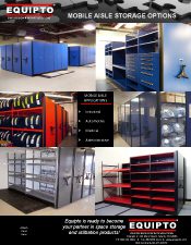Collage of mobile aisle storage systems in various settings, featuring blue, red, and gray units with shelving, drawers, and tire storage solutions. This Material Handling Literature showcases Equipto Mobile Aisle Storage Options with company branding at the bottom.
