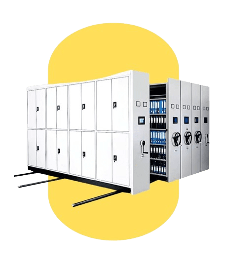 Mobile storage cabinets with multiple compartments and a slider mechanism, set against a yellow background, offer the efficiency of industrial shelving systems. Ideal for organizing and retrieving documents or other stored items seamlessly.