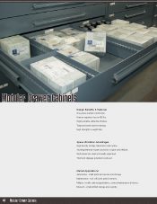 An open drawer cabinet displays neatly organized stacks of labeled white boxes. The image also features text highlighting the benefits of modular drawer cabinets in a Material Handling setting, emphasizing storage efficiency and organization, akin to a literature gallerys precision.