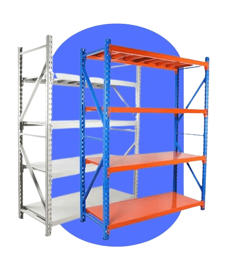 Two types of industrial shelving systems are shown against a blue background. The rack on the left is silver with white shelves, while the rack on the right features a blue frame with vibrant orange shelves. Both have an outdoor metal shelving design that exudes sturdiness.