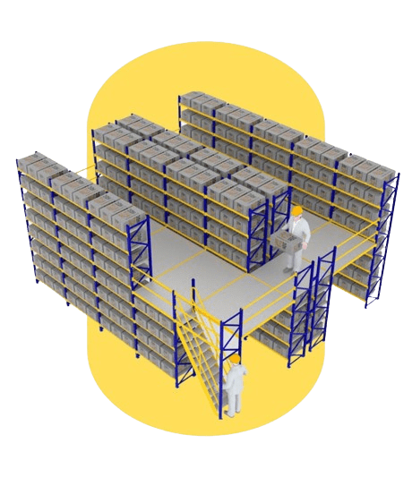 Illustration of a warehouse storage system with two levels. It features industrial shelving systems filled with boxes, accessible via a staircase. Two figures, wearing safety helmets, stand on both levels. The background is a yellow circle.
