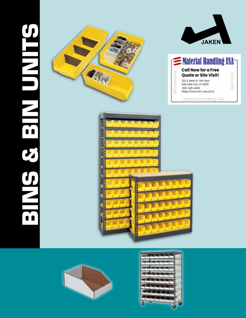 A promotional image for Jaken bins and bin units showcases various yellow plastic storage bins filled with small hardware, alongside a business card for Material Handling USA in the vibrant Material Handling Literature Gallery, featuring a mobile rack unit adorned with multiple bins.