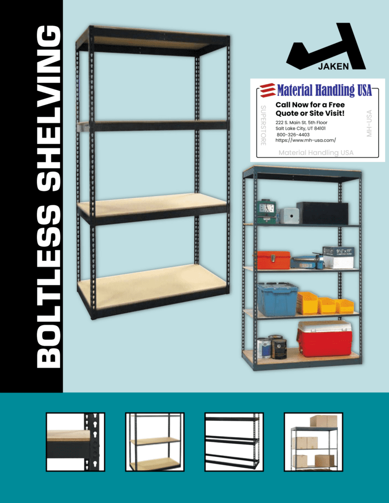 Advertisement for boltless shelving units: A sleek black metal frame with wooden shelves stands tall on the left, while the right displays a similar unit showcased with storage items. At the top, a business card highlights Material Handling USA—a piece worthy of any Material Handling Literature Gallery.