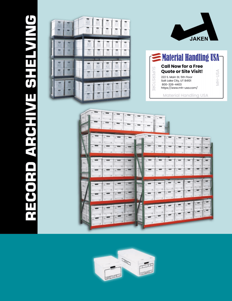 A promotional image for Record Archive Shelving by Jaken showcases three large shelving units filled with white boxes. Featuring Material Handling USAs business card, this display resembles a well-curated gallery against a striking blue and black background, with two boxes at the bottom.
