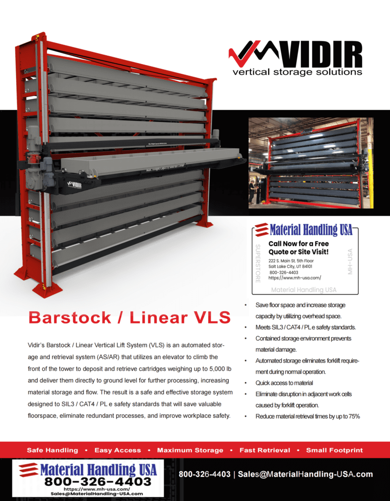 A promotional poster for Vidirs Barstock/Linear Vertical Lift System showcases an image of the advanced storage solution. Highlighting benefits such as enhanced space efficiency and safety, it directs viewers to explore more in the Material Handling Literature Gallery. Contact Material Handling USA at the bottom.