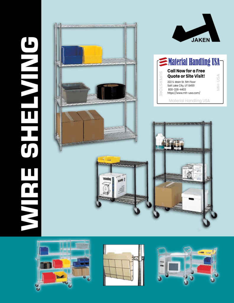 Discover Jaken wire shelving solutions in our dynamic Gallery. Showcased with boxes, a printer, and cleaning supplies, these units embody efficiency and style. For a quote, contact Material Handling USA today. The eye-catching blue and black background sets the stage for your organizational needs.
