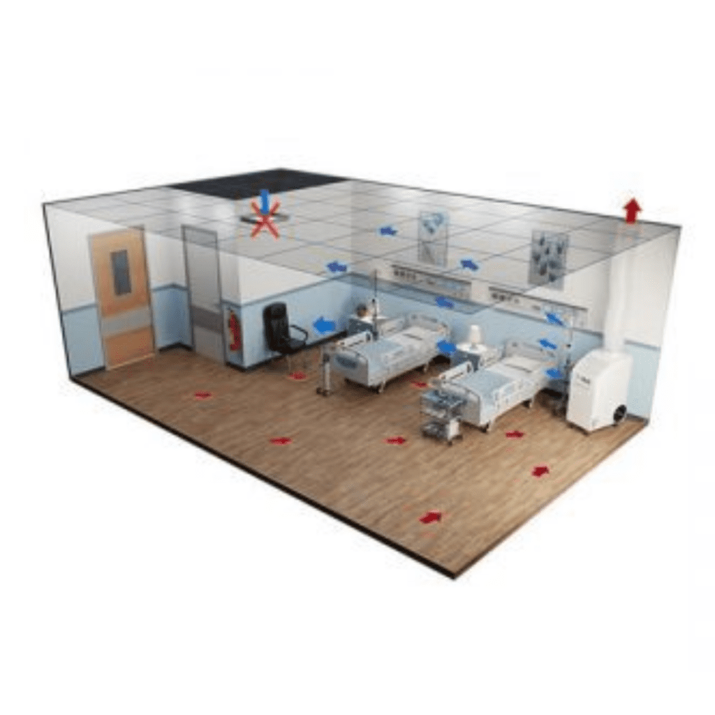 Illustration of an isolation room featuring two beds, medical equipment, and arrows showing air circulation patterns. The space is complete with wood flooring, a door, chairs, and wall-mounted posters.