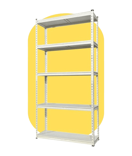 A tall, white steel shelving unit with five evenly spaced shelves stands against a yellow background. Highlighting its storage capacity, the simplistic design is perfect as part of industrial shelving systems or for home use.