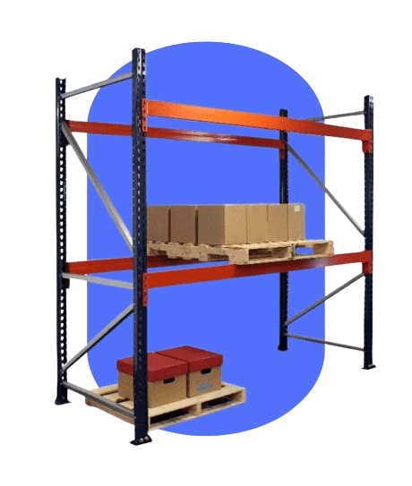 An adjustable metal shelving unit with two levels showcases cardboard boxes on a wooden pallet atop the top shelf and red containers on another pallet below. The background features a blue oval, highlighting the versatility of this industrial shelving system.