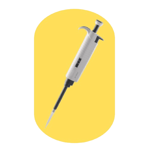 A pipette with a white handle and a black tip, showcased against a bright yellow backdrop with rounded corners, inspires precision—a nod to reliable laboratory pipettes and efficient pipette handling techniques.