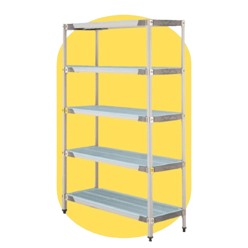 Affordable storage solutions are at your fingertips with this metal rack featuring five light blue shelves, set against a cheerful yellow oval background. Its simple design with vertical support bars and secured corner joints ensures its perfect for organizing various items.