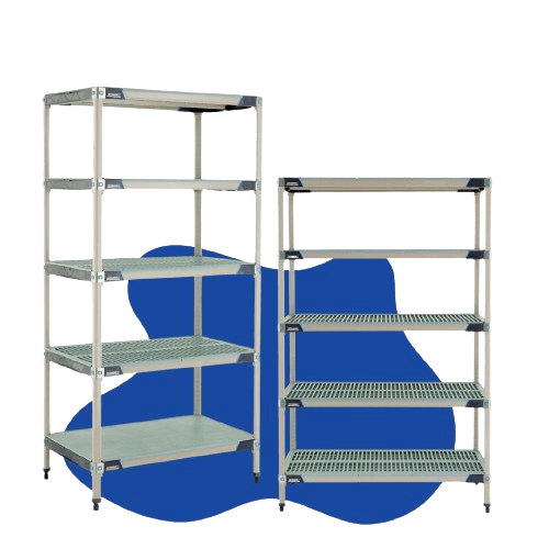 Two metal shelving units stand against a blue abstract background. The left unit, boasting five shelves, towers over the shorter four-shelf counterpart on the right. With their grid pattern, these affordable storage solutions complement any space perfectly.