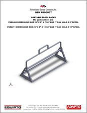 Image of a Portable Spool Rack by Equipto and Adapto, featured in the Material Handling Literature gallery. The metallic frame is designed to hold a 9-inch spool, with approximate dimensions of 25 x 8 x 11.5. The branding and product details are printed above and below the image.