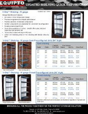 Introducing our flyer showcasing Equiptos V-Grip shelving options. Explore a gallery of images, specifications, and pricing for 18-gauge and 20-gauge units. Perfect material handling solutions await you. Find our contact info at the bottom for inquiries.