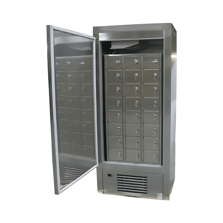 A stainless steel evidence locker stands with an open door, revealing multiple small compartments secured by combination locks. The unit features a ventilation system at the bottom, likely for climate control or refrigeration.