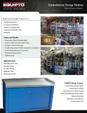 Brochure page for EQUIPTO storage solutions. The top showcases a Material Handling gallery with photos of organized storage displays, featuring shelves and tools. Below, a blue cabinet with two doors is displayed, emphasizing our engineered storage solutions and versatile applications.