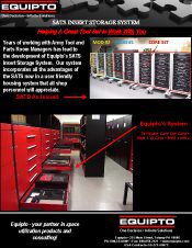 Discover Equiptos Sats Insert Storage System in our Material Handling Literature. This flyer highlights organized tool drawers in Army Tool and Parts Shops, includes a glowing testimonial, system benefits, and contact details. Predominantly black design with striking red accents.