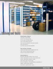 An industrial storage area showcases blue shelving units brimming with office supplies and boxes. Tires are stacked on some shelves while more boxes are neatly arranged nearby. The scene, reminiscent of a material handling gallery, includes text exploring shelving and racks options.