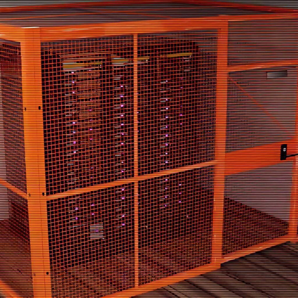 SpaceGuard Products particularly orange Security Cage with a black server inside it