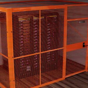 SpaceGuard Products particularly orange Security Cage with a black server inside it