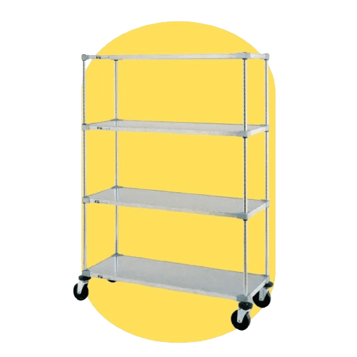 A metal utility cart with four shelves and wheels, set against a yellow background.