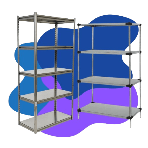 Two metal shelving units are displayed side by side on a blue and purple abstract background. Each has five shelves. The unit on the left appears to have adjustable slots.