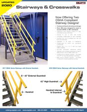 A brochure titled Stairways & Crosswalks features two types of OSHA-compliant stairway designs from our Material Handling Literature. The image showcases stairs with yellow handrails labeled 2017-OSHA and 2018-OSHA, along with detailed descriptions of the handrail placements.