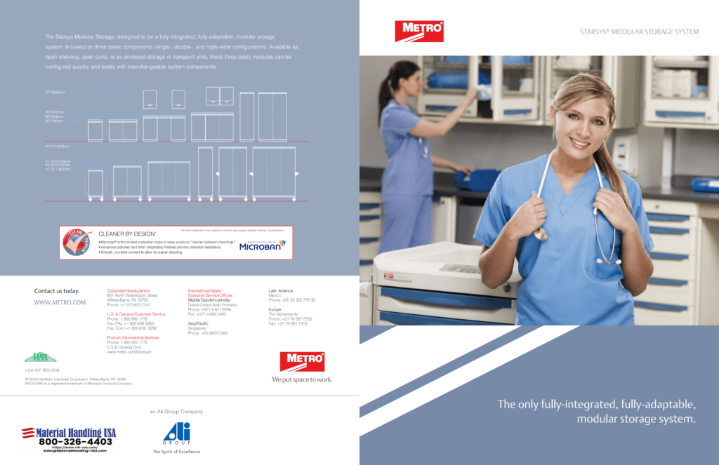 The Starsys Modular Storage System brochure highlights a smiling nurse in blue scrubs with folders in hand. Alongside storage unit diagrams, logos, and contact details, the tagline promises: The only fully-integrated, fully-adaptable modular storage system. Discover more in our Metro Shelving brochures.