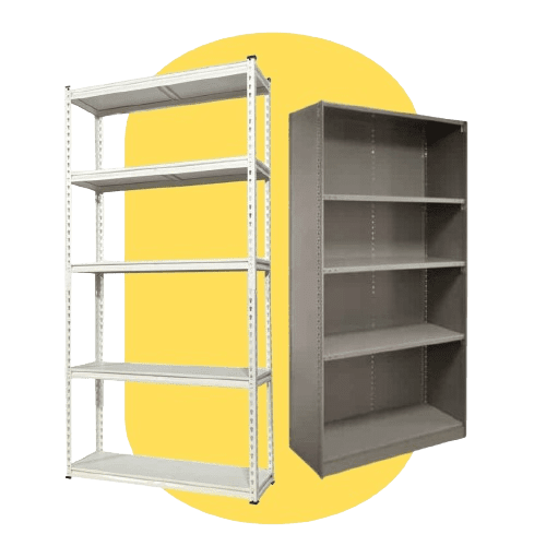 Two metal shelving units against a yellow background: one is white with four shelves and an open design, the other is gray with three shelves and a closed back. These steel shelving units are perfect for those seeking versatile storage solutions.