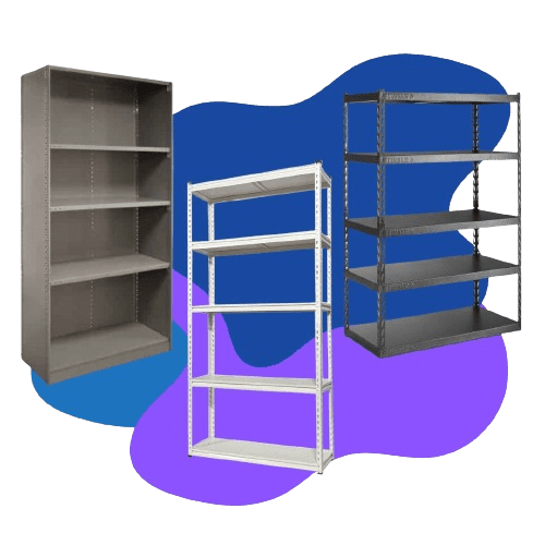 Three adjustable metal shelving units stand gracefully against a blue and purple abstract background. The shelves, in shades of gray, white, and black, boast three or four tiers each—ideal for blending functionality with modern aesthetics.
