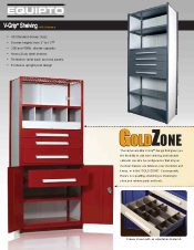Promotional image spotlighting V-Grip Shelving units by Equipto, as seen in our Material Handling Literature gallery. The image showcases a tall shelving unit with red and gray tool drawers and dividers, featuring the highlighted GoldZone storage divider.