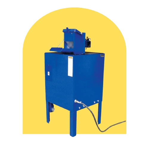 Blue industrial machine with a hopper on top, standing on tall legs like the Vestil Drum Crushers/Compactors. A cord is connected to its base for safe waste disposal. The background features a yellow arch shape, emphasizing its purpose in efficient waste volume reduction.
