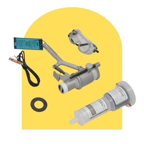 A collection of tools and equipment against a yellow background, including safety goggles, a wire with clips, a valve-like device, a filter cartridge, and a black rubber washer.