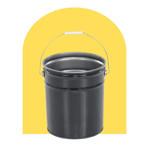 A black metal bucket with a shiny surface and a metal handle is centered against a yellow arched background.