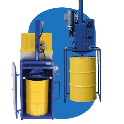 Two industrial Vestil Drum Crushers/Compactors: on the left, one machine efficiently compacts a yellow barrel inside a blue frame with a door. On the right, another device with a mounted motor stands on a blue frame above a yellow barrel, showcasing superior waste volume reduction for industrial waste management.