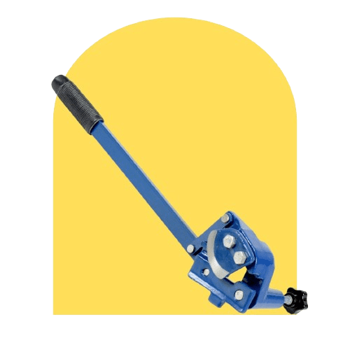 Blue mechanical tool with a long handle, designed for edging or shaping tasks, set against a yellow arch-shaped backdrop.