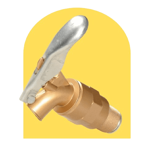 A brass water spigot with a silver lever handle is positioned at an angle against a bright yellow, arch-shaped background.