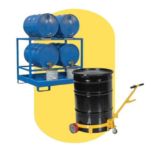 Four blue industrial barrels are stacked on a blue metal rack with faucets. A black barrel is in the foreground, placed on a yellow background. A yellow hand truck is attached to the black barrel for transportation.