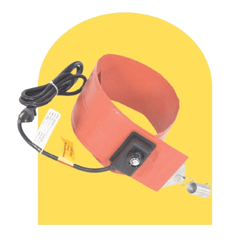 Red silicone heating band with an attached black cord, designed for industrial use. The band has a metal control knob and a power cable ending in a plug. Set against a bright yellow background with an arched top design.